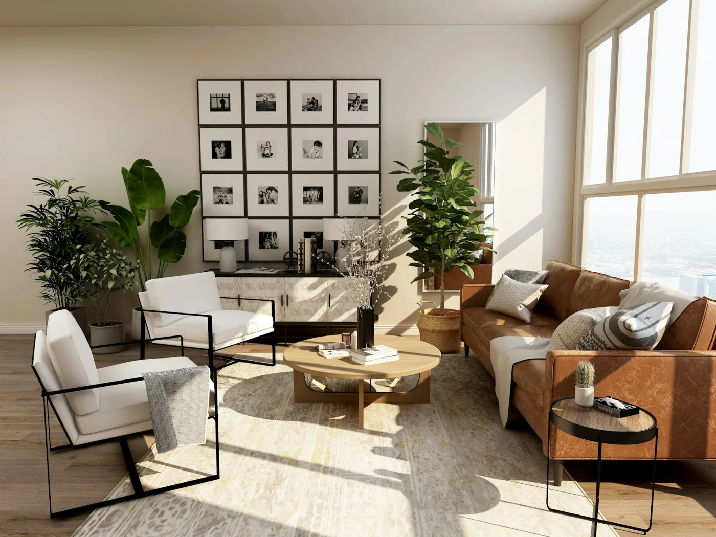 A bright apartment living area with plants and framed wall art
